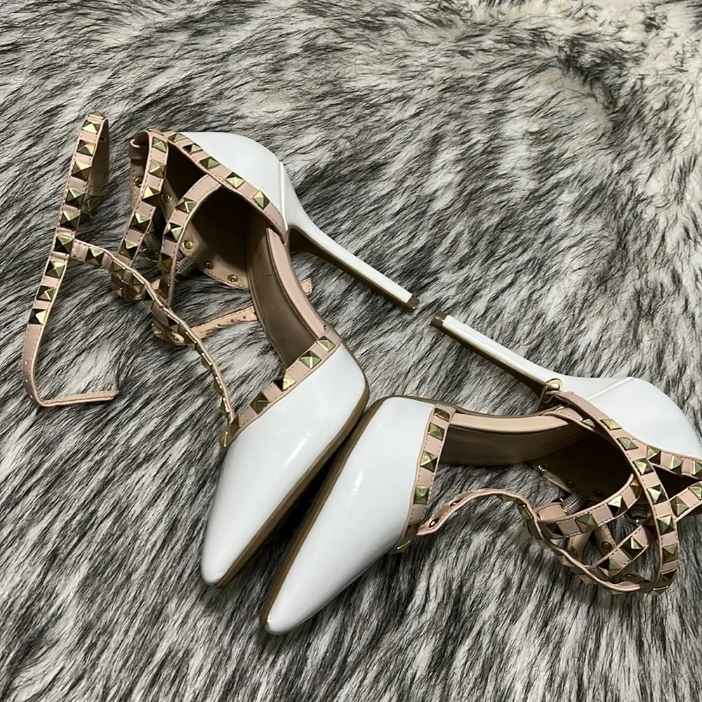 Wild Diva Adora White Patent & Nude Gold Studded Strappy Heels 7.5 - Picture 6 of 13